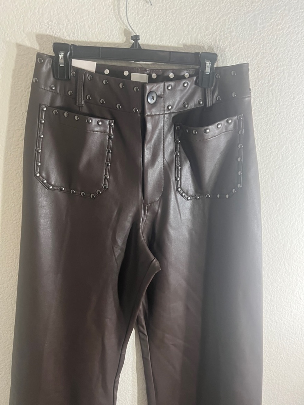 Anthropologie Colette Full-Length Faux Leather Studded brown pants 31 western - Picture 10 of 11